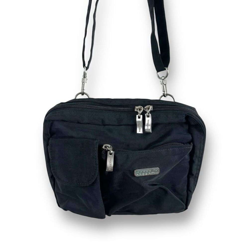 Baggallini‎ Multicompartment Mini Crossbody Bag Purse Solid Black Nylon Travel